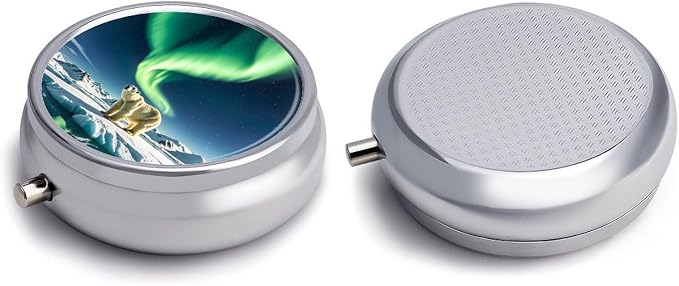 3 Compartment Medicine Pill Case, Northern Lights Polar Bear Round Pill Box, Portable Decorative Medicine Organizer for Pocket Or Purse Vitamin Organize