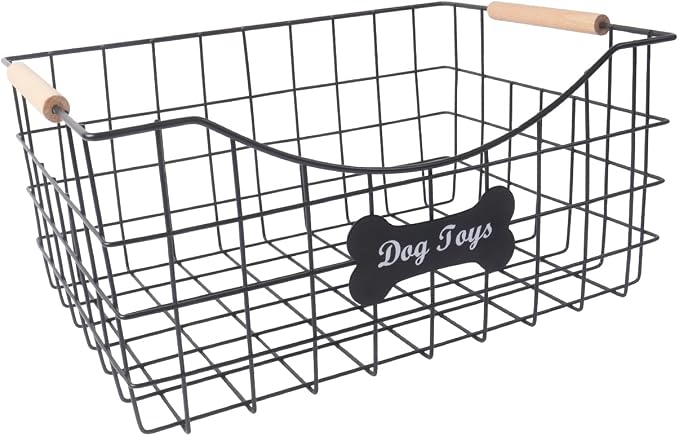 Metal Dog Toy Basket,Indestructible Dog Toy Bin with Wooden Handle,Sturdy Pet Storage Organizer,Ideal for Dog Leash,Blanket,Snacks-15.1 (L) x 10.7 (W) x 7 (H) inches