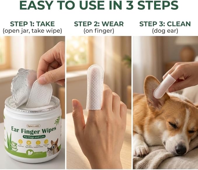 Dylan's cabin Dog Ear Wipes - 150 Count Finger Wipes for Dogs and Cats, Pet Ear Cleaning Remove Wax Dirt Debris, Odor Gentle Alcohol Free Daily Ear Care