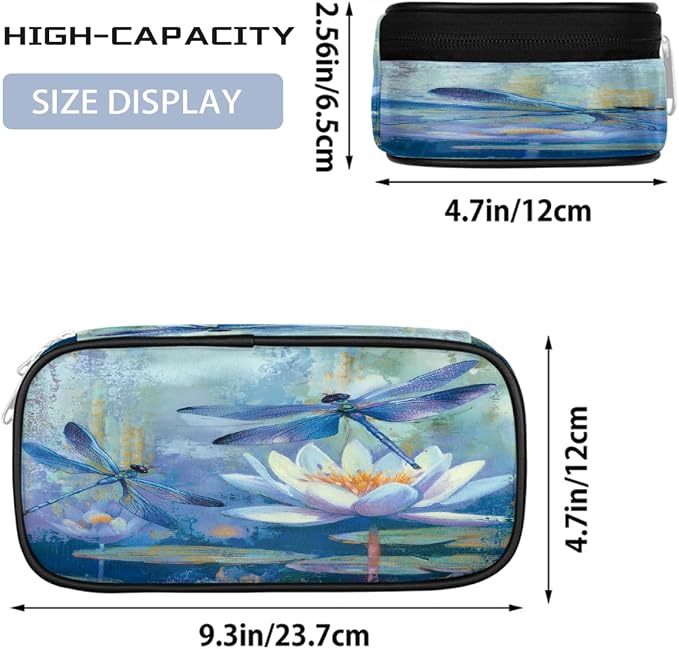 Cute Pencil Case for Girls Boys, Water Lilies Dragonfly Art Portable Pencil Bags Pouch Pen Case Organizer with Zipper for School College Office