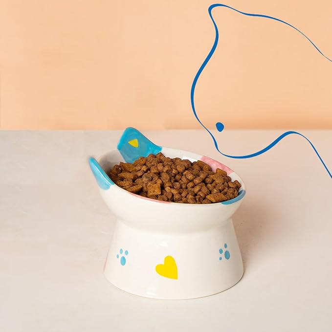Cute Ceramic Raised Cat Bowls Elevated Design, 15° Tilted FeederProtect Cat's Spine Anti Vomiting Blow for Flat Faced Cats, Kitten Small Dogs,Raise Tilted Cat Food Bowld Pet Dishes(Blue)