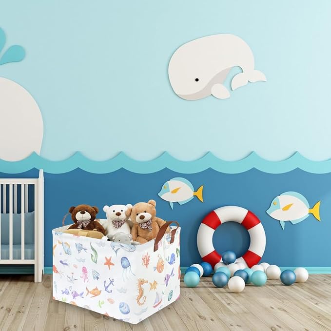 Rectangle Fish Basket,Ocean Animals Waterproof Kids foldable Laundry Basket,Nursery Hamper,Boys and Girls Hamper,kids Room decor, kids toy organizer,Gift basket(Ocean Animals)