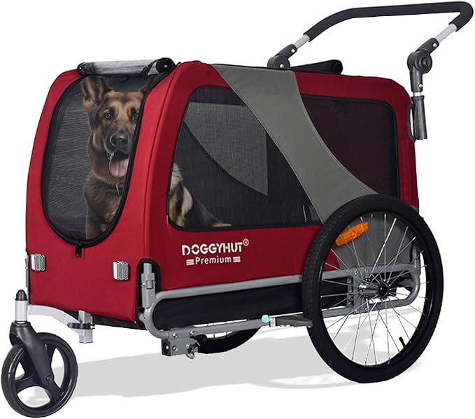 DOGGYHUT® Premium X Large Pet Bike Trailer & Stroller Up to 100 lbs (Red) | Bicycle Trailer for Small Medium or Large Dogs, Dog Bicycle Carrier, Low Center of Gravity, Folding Frame Cart