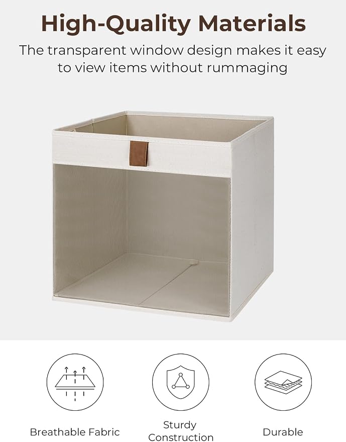 StorageWorks 11 Inche Cubes Storage Bins, Closet Bins, Beige, 3-Pack | See-Through Mesh Front, Soft Leather Handles, Flip to Show/Hide, Fabric Storage Bins for Closet, Shelves, Cube Organizers