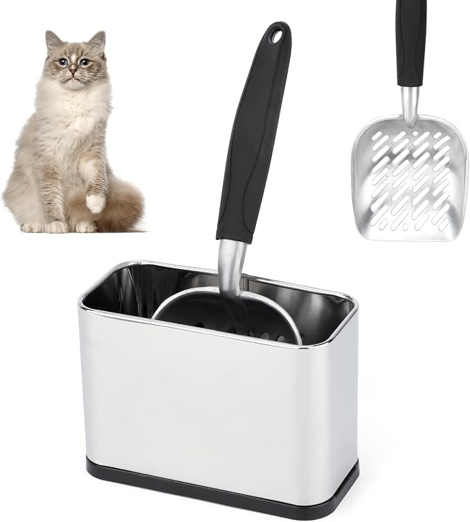 Metal Litter Scoop with Holder, Cat Litter Scooper and Caddy Set | Aluminum Sifting Shovel, Stainless Steel Holder, Black Grip, Removable Base, 12 x 4 x 1.5 in Scoop, 8.5 x 3 x 5.5 in Caddy