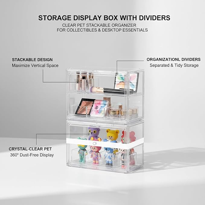 Clear PET Stackable Storage Box with Dividers, Transparent Display Organizer for Desktop Essentials