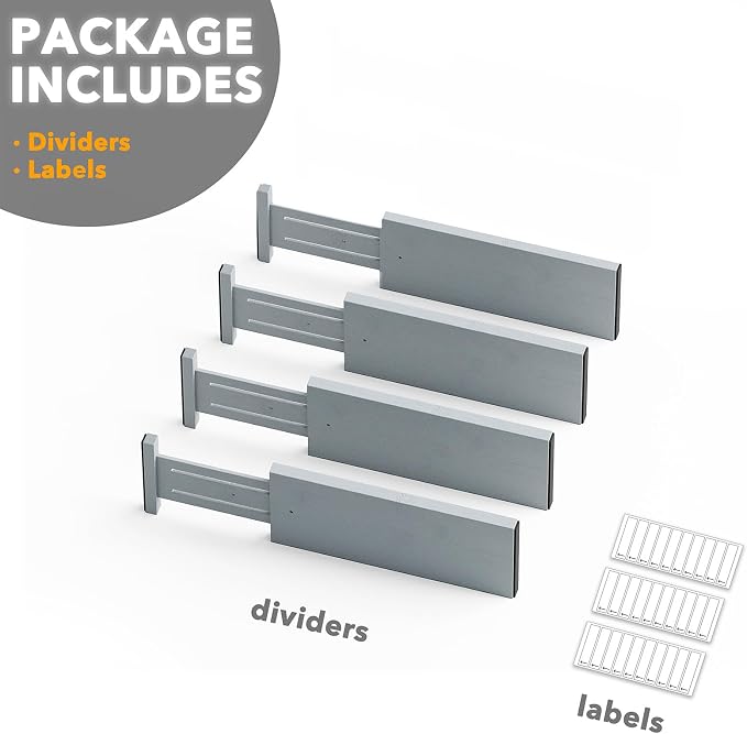 SpaceAid Bamboo 4 Pack Dresser Drawer Dividers, 4.65“ High Adjustable 12.5“-17” Drawer Organizers, Expandable Organization for Clothing, Clothes, Dressers, Gray