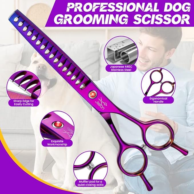 JASON 7" Dog Grooming Scissor - Professional Chunker Shear with Ergonomic Handle Japanese Stainless Steel Hair Scissor for Dogs, Cats and Other Pets, Sharp (Chunker, Purple) Christmas Gift