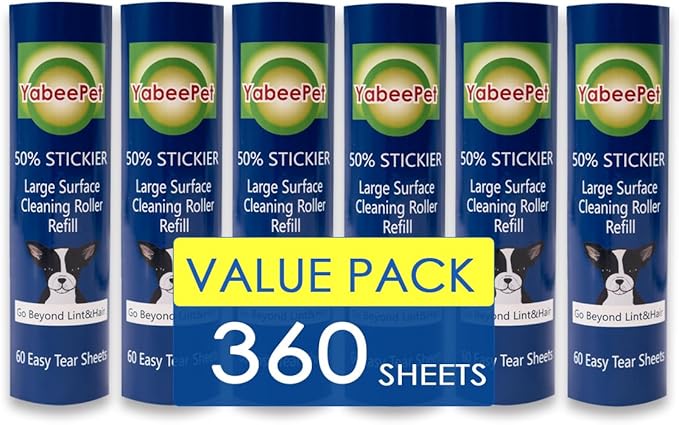 8 inch Large Surface Roller Refill for Scotch-Brite 50% Stickier Lint Roller, Works Great On Pet Hair (60 Sheets per Roll, 6 Pack)