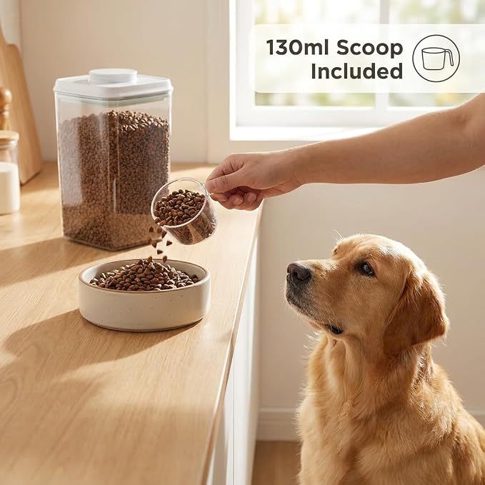 Dog-Cat Food Storage Container, 4.2 Qt Airtight Canister with Scoop | 4 L/4.2 Qt clear canister with one-push airtight lid; 130 ml scoop included; removable lid for easy cleaning.