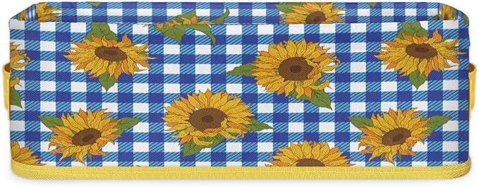 Sunflower Blue White Plaid Bathroom Storage Basket, Foldable with Handle Open Countertop Paper Towel Decorative Box, Toilet Tank Top Shelf Baskets for Home Closet Bedroom Living Room Office