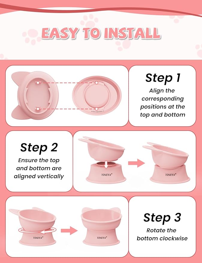 YINEYA Cat Bowls, Cat Food Bowl Elevated to Protect Neck & Anti-Vomit, Whisker-Friendly Raised Food & Water Bowls for Indoor Cats/Small Dogs, Cute Pet Feeding Bowl 6 OZ Each, Dishwasher Safe, Pink