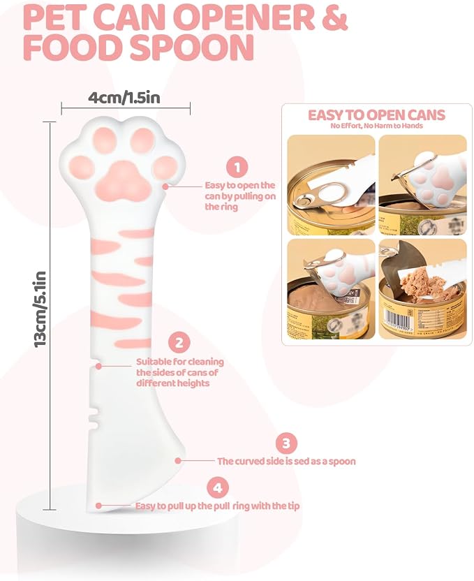 5 PCS Cat Food Can Covers Lids Set, Silicone Pet Food Can Lids with Multi-Function Cat Food Spoon and Opener, Cat Bar Squeezer, Stainless Steel Wet Food Spoon for Cats and Dogs (Pink) (Pink)