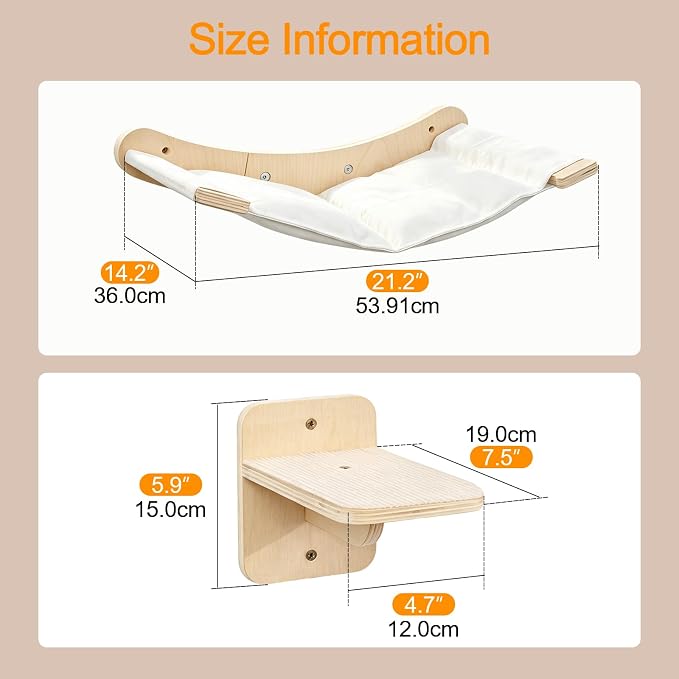 Wall-Mounted Cat Hammock with 2 Wooden Perching Steps—a Suspended Solid Wood wall-Mounted cat Shelf Set Suitable for Indoor Climbing beds for Kittens, Small, Medium, and Large Cats