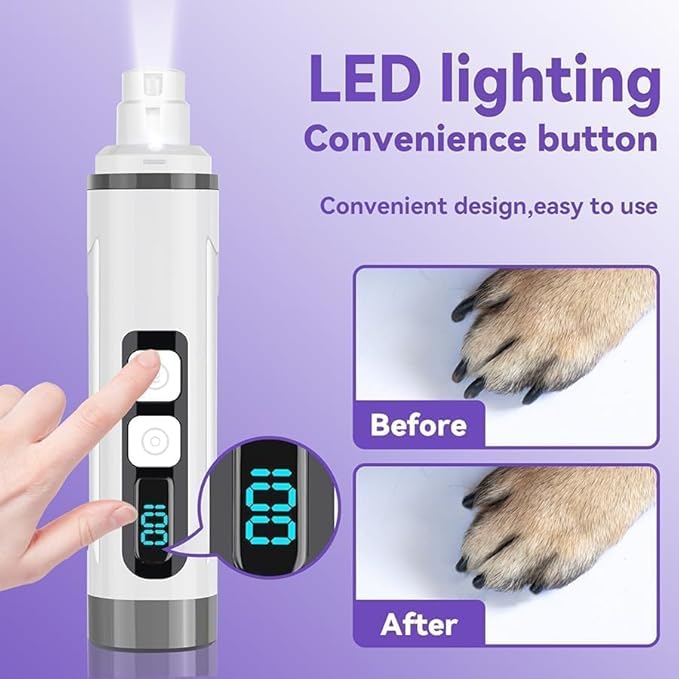 Dog Nail Grinder Quiet- Cat & Dog Nail Grinder with LED Light & Battery Display & Upgrade Grinding Head - Painless Dog Nail Trimmers for Small to Large Pets, Thick Nails, and Sensitive Paws