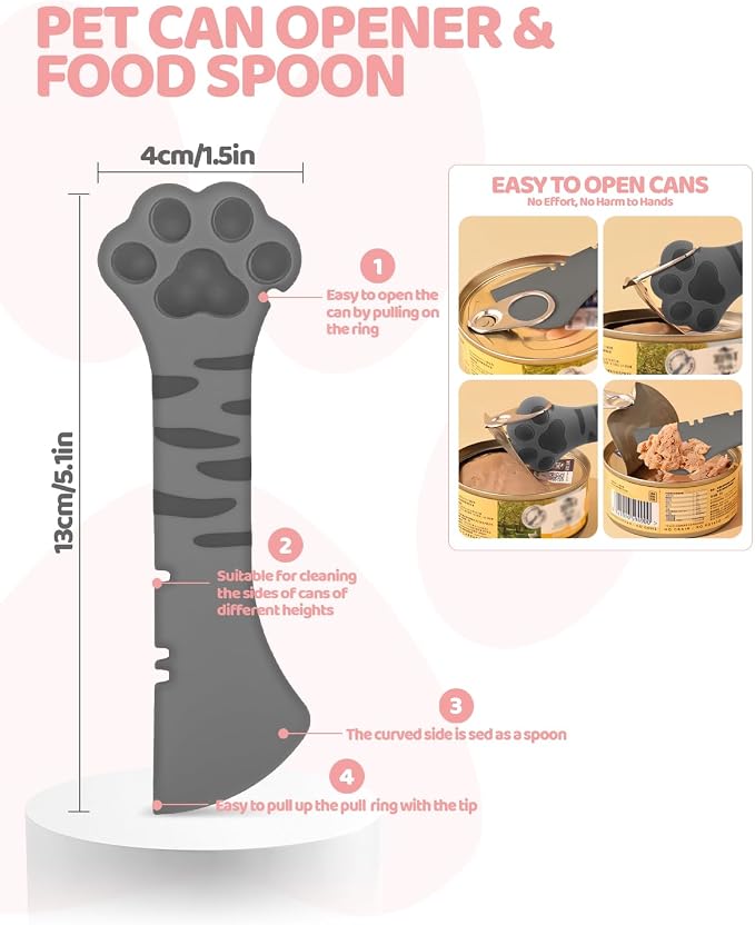 5 PCS Cat Food Can Covers Lids Set, Silicone Pet Food Can Lids with Multi-Function Cat Food Spoon and Opener, Cat Bar Squeezer, Stainless Steel Wet Food Spoon for Cats and Dogs (Pink) (Grey)