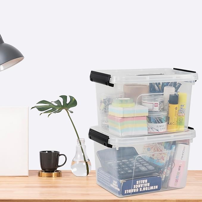 6 Quart Clear Lidded Organizer Bin 4 Pack | Plastic, Latch Storage Box