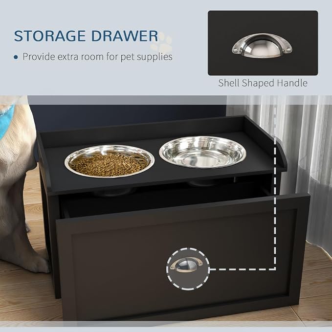Elevated Dog Feeding Station with Storage Drawer and Stainless Steel Bowls for Large Dogs, Black Pet Food Organizer