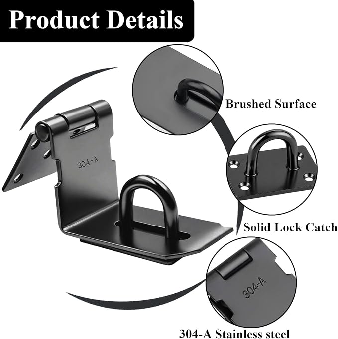 5 Inch Right Angle Padlock Hasp, Stainless Steel Safety Door Clasp, 2 Pack Garden Gate Lock Latch with Screws, for Wooden Barn Shed Door, Closets, Cabinets, Storage Box, Pet Cage, Matte Black