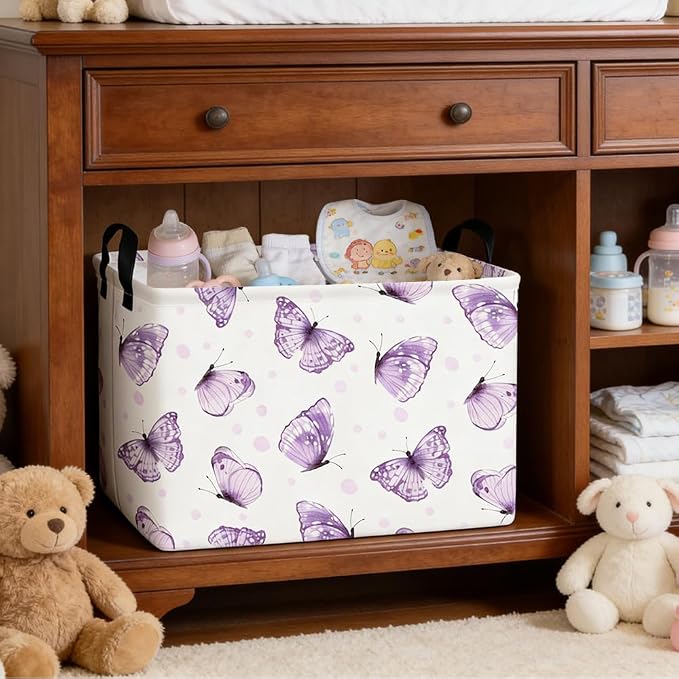 Rectangular Purple butterfly basket,Books Storage Basket,Collapsible Storage Bin,Cute Organizer Toy Bin,Butterfly Room Decor,Gift Baskets(Little purple butterfly)