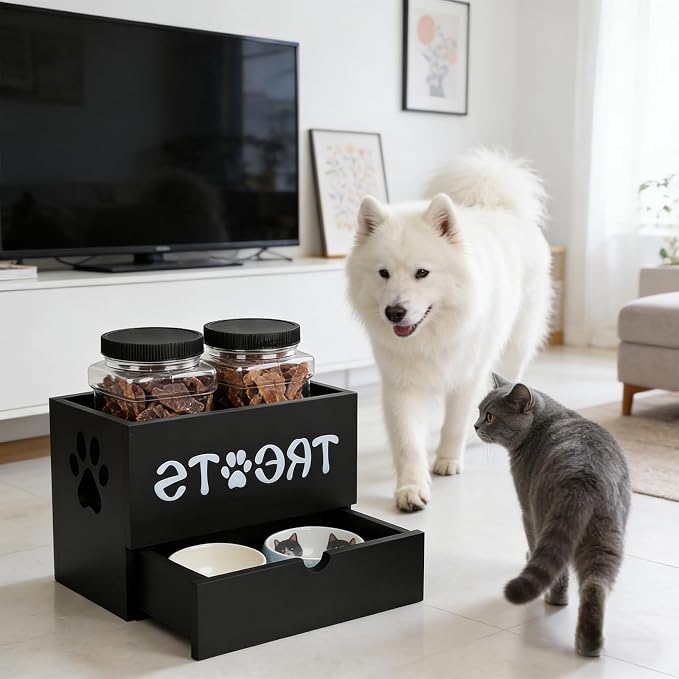 Dog Treat Jar for Countertop, 9.8 * 5.1 * 6'' 2 Layer Dog Treat Container with Drawer 2Jars and Sticker Wooden Pet Food Organizer Storage Basket For Pets Great Gift for Pets' Owners (Black)