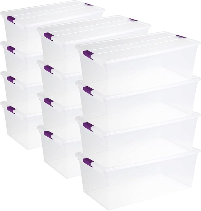 Sterilite 12-Pack 110 Quart ClearView Latch Box, Stackable Organizer Bins with Latching Lids - Clear Plastic Organization Containers for Closet, Bedroom, Shelving Units and Everyday Home Storage