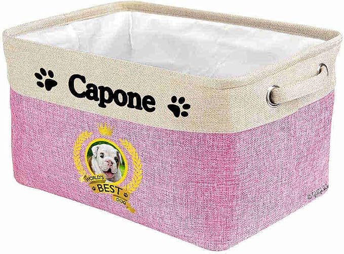 Custom Name Collapsible Dog Toy Storage Basket Bin World's Best Dog English Bulldog Pupp Foldable Pet Toy Box Closet Shelf Baskets Organizer for Bedroom Home Dog Cat with Handles Pink