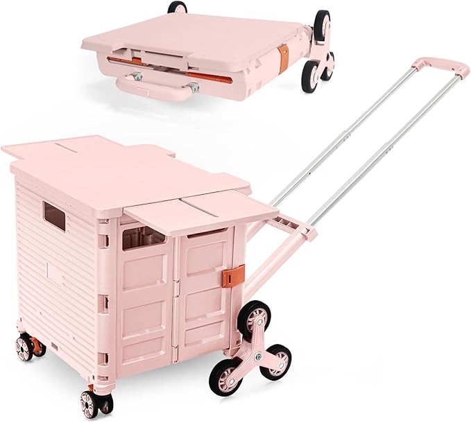 Foldable Utility Cart Portable Crate Rolling Dolly with Telescopic Handle,Can be Pulled diagonally, Magnetic Retractable Lid, 360°Swivel Climbing Wheels for Shopping Carrying Groceries Move Pink