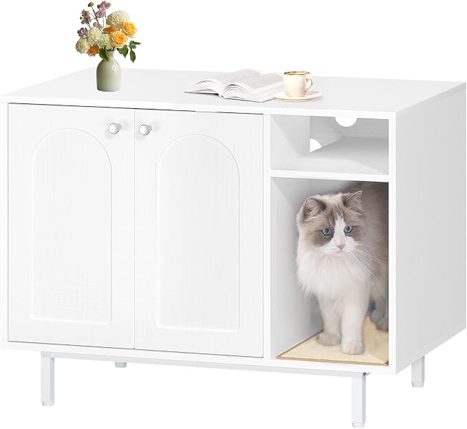 Hzuaneri Cat Litter Box Enclosure, Hidden Litter Box Furniture with Storage | Large Wooden Cabinet with Sisal Mat, Modern Cat Washroom for Living Room, Bedroom, Entryway, White CB01513W