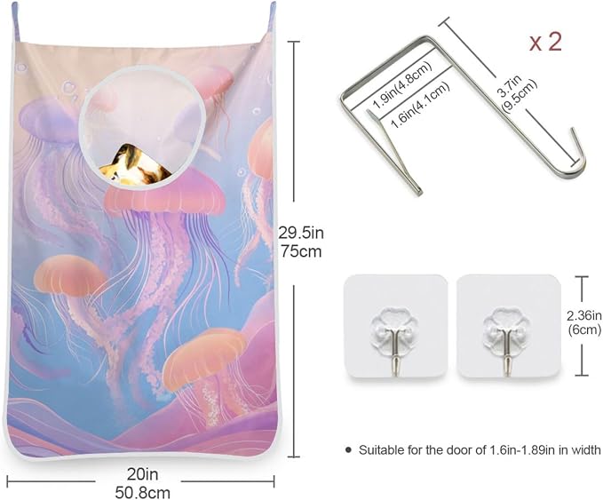 1PC Hanging Laundry Hamper Bag Over the Door Laundry Hamper Wall Hamper Large Dirty Clothes Hamper with Stainless Steel Hooks 29.5x20Inch Cute Jellyfishes Bubbles