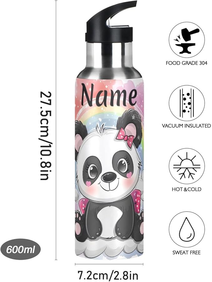 Custom Name Cute Cartoon Panda Rainbow Water Bottle with Straw Lid Kids Insulated Stainless Steel Water Flask Sports, 20 Oz Hot Cold