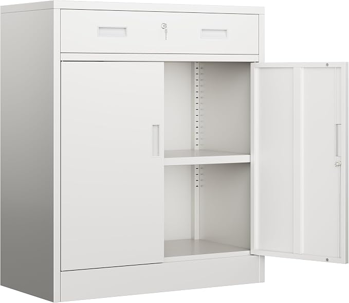BESFUR Metal Garage Storage Cabinet with One Lockable Drawer 2 Locking Doors and an Adjustable Shelf, 36" White Metal Short Storage Cabinet for Home Office, Garage,School,Utility Room
