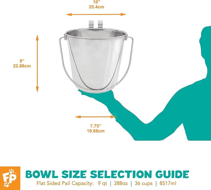 Flat Sided Pail with Dual Hooks, Snugly Fit On Dog, Cat and Critter Crates & Cages, Heavy Duty Stainless Steel | 9 Quart (PN: FSP-9)