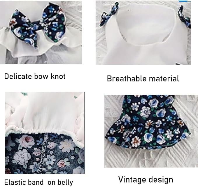 Vintage Floral Bowknot Sleeveless Romper for Small Dogs Cats Rabbits, Breathable Cotton Ruffle Flared Pants, Teacup to Small-Medium Pets for Walk Photo Vacation (Blue-Floral, X-Large)