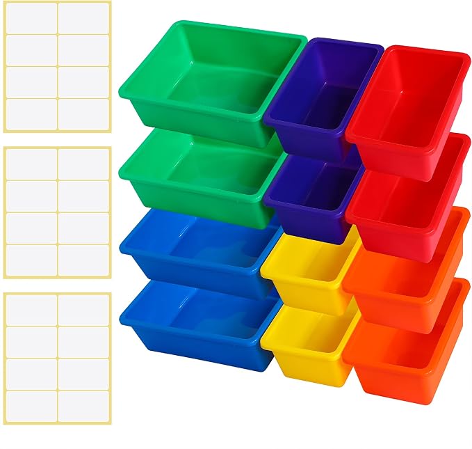 Zonon 12 Pcs Plastic Cubby Bins Office Storage Container Storage Bins Plastic Organization with 1 Pack Self Adhesive Label for Library Office Home Nursery(Bright Colors)