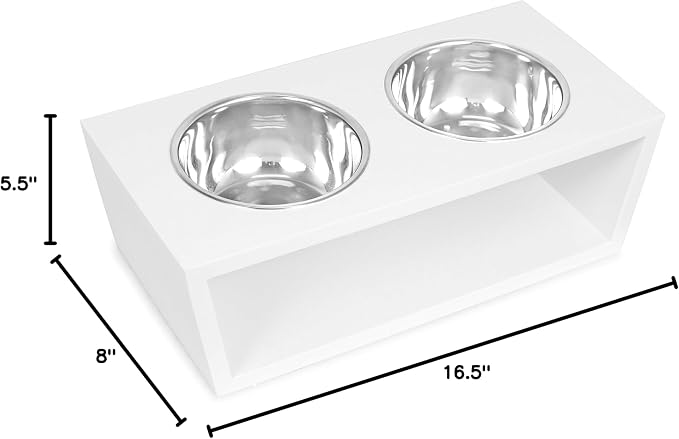 INTERNET'S BEST Modern Elevated Pet Feeder - Double Raised Stand w/Stainless Steel Bowls - Dog Food & Water Holder - Suitable for Medium Breeds - Pet Feeding Tray for Dogs, Cats - 2 Bowls - White