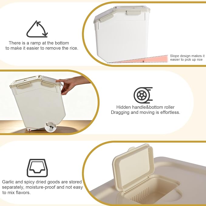 Saim 50lb Flour & Rice Storage Container Bin (4Pack Grey) | BPA free plastic with seal lid, rolling wheels and measuring scoop for rice, flour, cereal and grain one-hand scooping