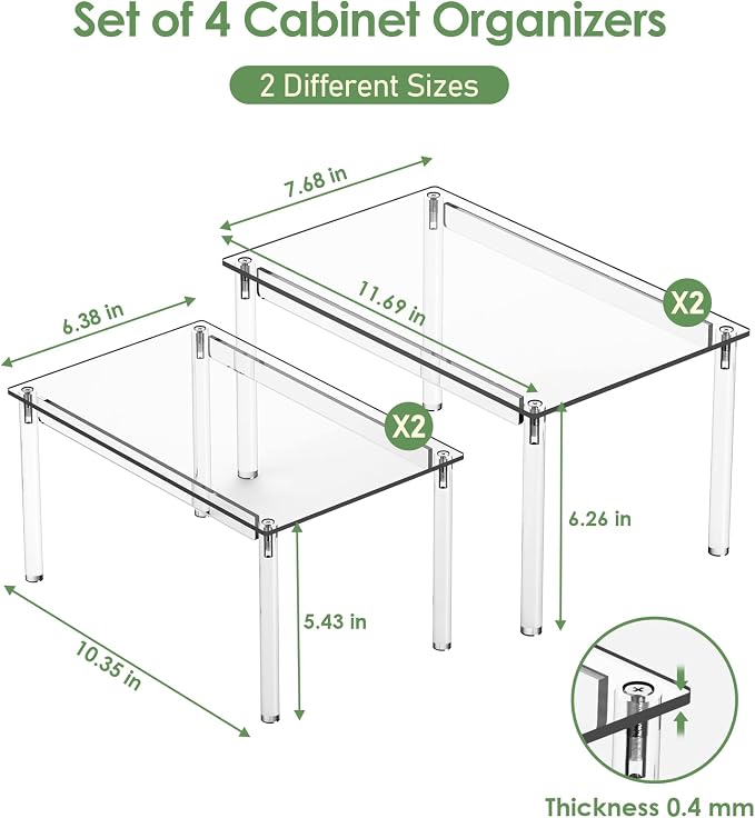 Delamu Cabinet Shelves, Clear Stackable Acrylic Storage Risers with Heavy Duty Support, Cabinet Organizer Shelf for Spices, Seasonings, Jars, Pantry, Kitchen Counter, Easy Assembly