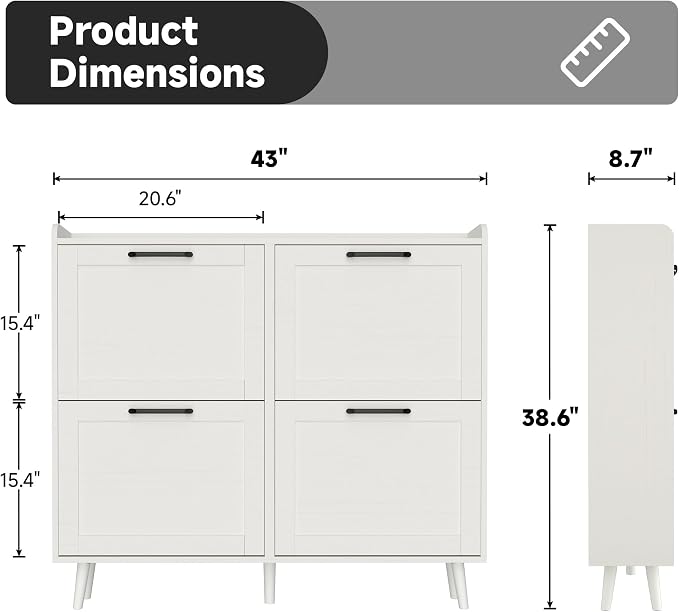 Shoe Storage Cabinet with 4 Flip Drawers, Freestanding Shoe Organizer with Adjustable Shelf & Anti-Tipping Device, Hidden Shoe Rack for Entryway, Hallway, Foyer, Lounge（White）