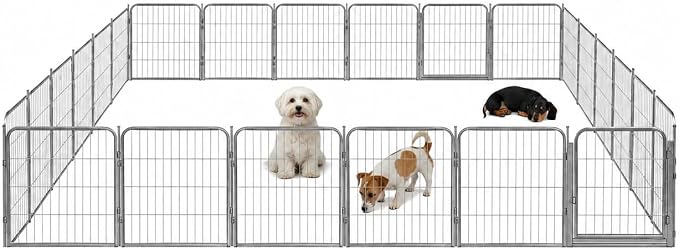 Dog Play Pen for Outdoor Use - 24'', 24 Panels for Small and Puppy Size Dogs - Portable Playpen Pet Fence for RV, Camping, and Yard - Heavy Duty Kennel w/Grey Rust Resistant Coating