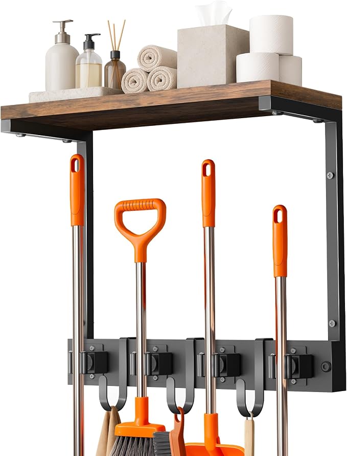 Supforce Small Broom Holder Wall Mount with Shelf, 4 Slots 3 Hooks | Black, 2-In-1 Wall Mount Stores Brooms/Mops, Cleaning Supplies With 4 Grippers/3 Hooks And A Sturdy Wooden Top Shelf