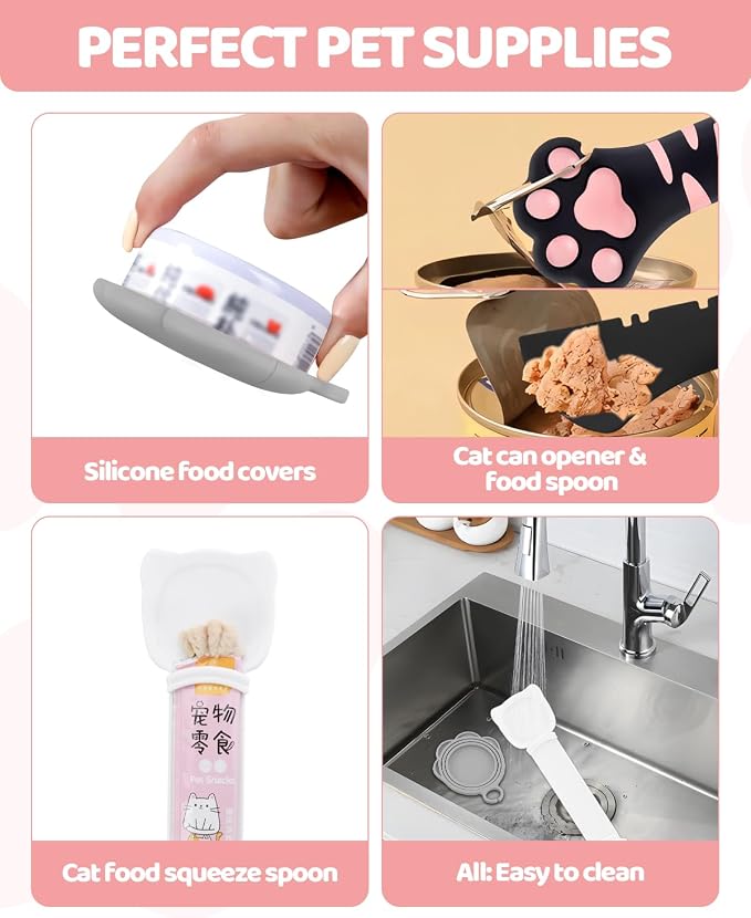 5 PCS Cat Food Can Covers Lids Set, Silicone Pet Food Can Lids with Multi-Function Cat Food Spoon and Opener, Cat Bar Squeezer, Stainless Steel Wet Food Spoon for Cats and Dogs (Pink) (Black Pink)