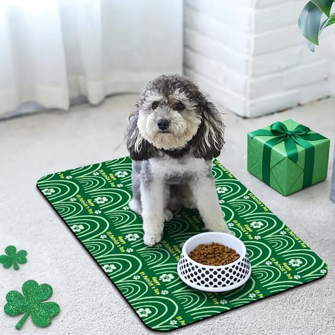 St Patrick's Day Dog Food Mats for Floors Waterproof, Cat Water Bowl Mats Pet Feeding Absorbent Placemats 16 * 24 inch