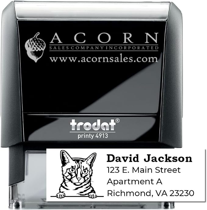 Peeking California Spangled Cat Address Stamp Self-Inking - for Envelopes | California Spangled Cat Address Stamper. Customized Rubber Address Stamp for Cat Lovers. 4 case colors. Laser-cut lettering.