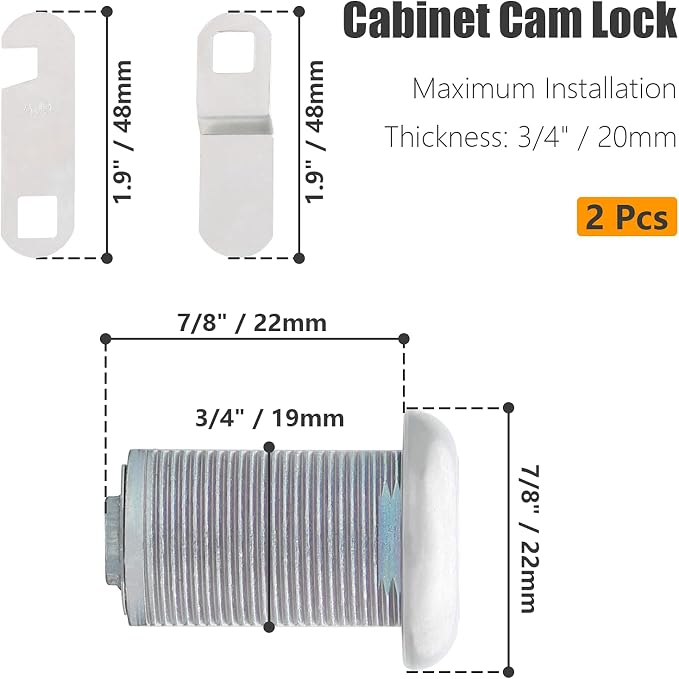 2 Pack 7/8" Cabinet Cam Lock Keyed Alike, Nickel RV Mailbox Lock | Zinc Alloy Nickel-Plated, Waterproof Cap, Includes Offset And Hook Cam, For Drawer Tool Box RV Door