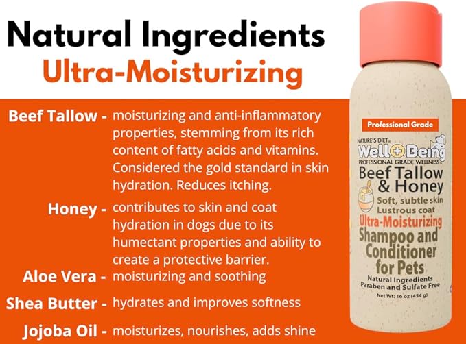 Well-Being Ultra-Moisturizing Beef Tallow and Manuka Honey Shampoo and Conditioner for Dogs and Cats Subtle Skin, Lustrous Coat Stops Itching, Rich in Fatty Acids, Nutrients 16 Ounces