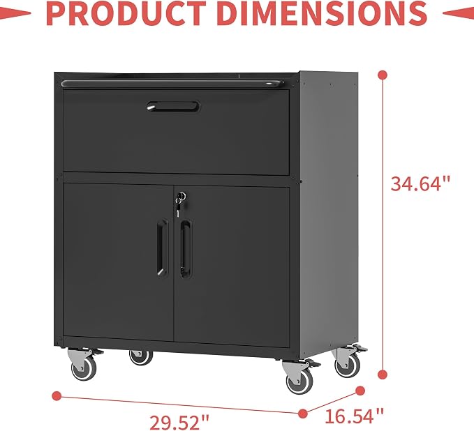 Metal Mobile Tool Storage Cabinet with 2 Locking Door and 1 Drawer | Black Heavy Duty Rolling Tool Cabinets for Garage,Metal Storage Cabinets with Wheels,Assembly Required
