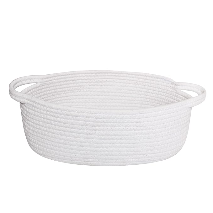 Basket for Gifts Empty, 13"x 9"x 5" Small Woven Rope Bin, Gift Basket Empty for Birthday Easter Burr, Dog Cat Toy Bin Box, Cute Baby Nursery Organizer, Decorative Storage with Handles, White