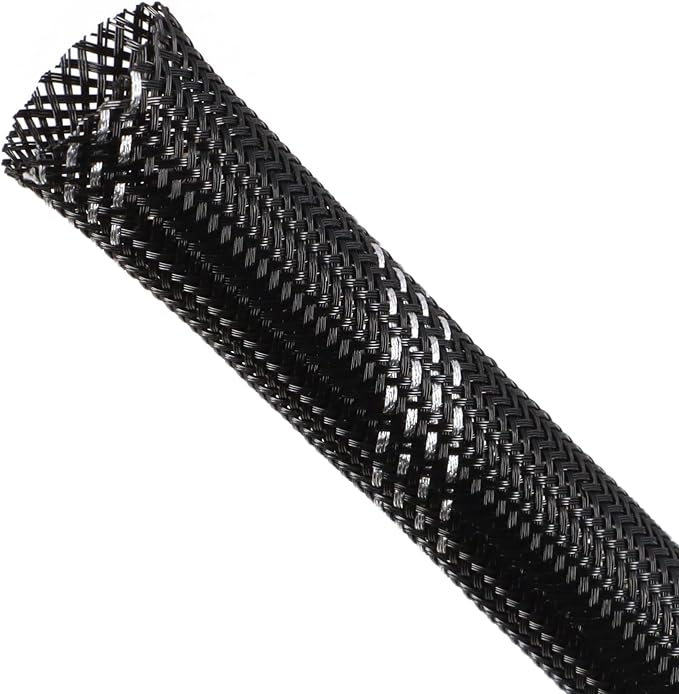 Braided Cable Sleeving, PET Expandable Braided Cable Sleeve, Flexible Mesh Sleeving Cord Management for Audio Video and Other Home Device, Cord Protector from Pets (Black Silver, 13/16" x 25ft)