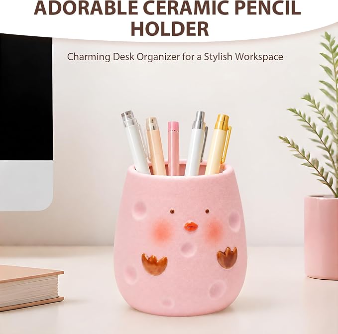 Ceramic Chicken Shaped Pen Pencil Holder for Desk Decoration Accessories Chicken Decor Makeup Brush Pen Cups Succulent Plant Pot Office School Ideal Gifts for Women, Mom or Birthdays (pink)